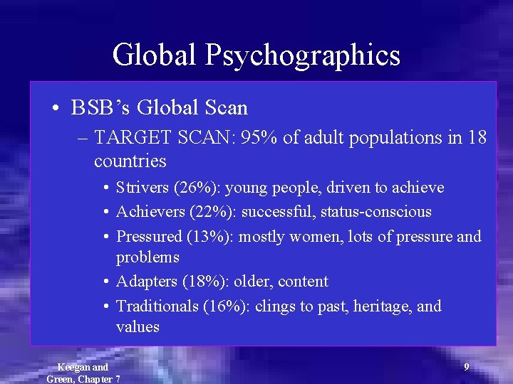 Global Psychographics • BSB’s Global Scan – TARGET SCAN: 95% of adult populations in