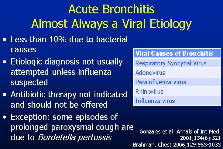 Acute Bronchitis Almost Always a Viral Etiology • Less than 10% due to bacterial