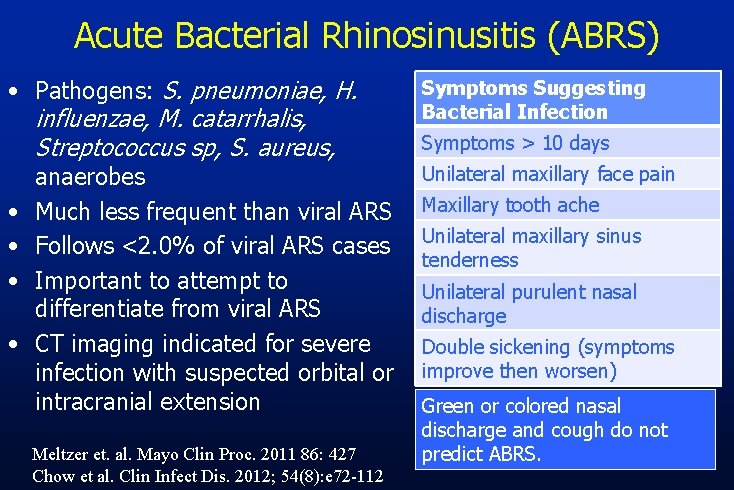 Acute Bacterial Rhinosinusitis (ABRS) • Pathogens: S. pneumoniae, H. influenzae, M. catarrhalis, Streptococcus sp,