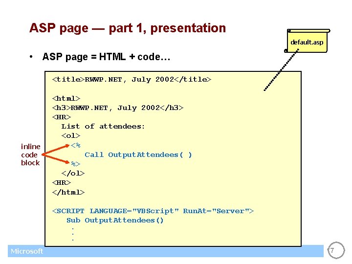 ASP page — part 1, presentation default. asp • ASP page = HTML +