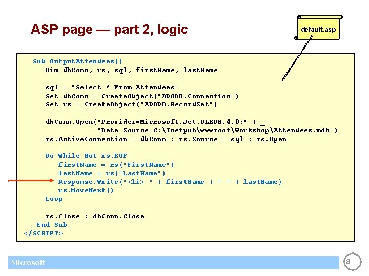 ASP page — part 2, logic default. asp Sub Output. Attendees() Dim db. Conn,
