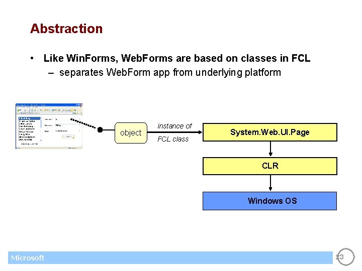 Abstraction • Like Win. Forms, Web. Forms are based on classes in FCL –