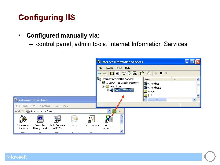Configuring IIS • Configured manually via: – control panel, admin tools, Internet Information Services