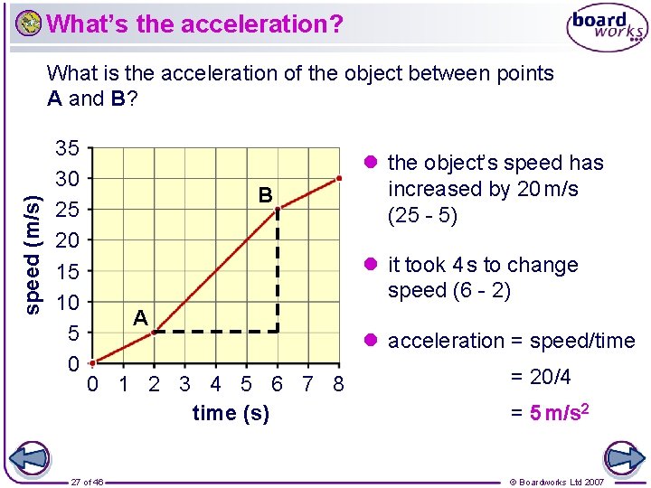 What’s the acceleration? speed (m/s) What is the acceleration of the object between points