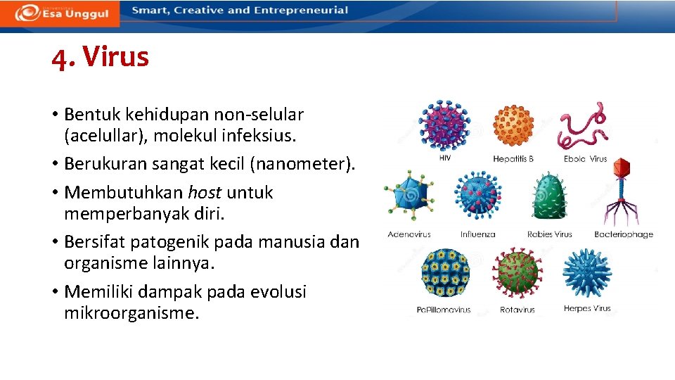 4. Virus • Bentuk kehidupan non-selular (acelullar), molekul infeksius. • Berukuran sangat kecil (nanometer).