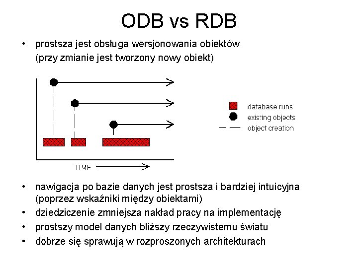 ODB vs RDB • prostsza jest obsługa wersjonowania obiektów (przy zmianie jest tworzony nowy