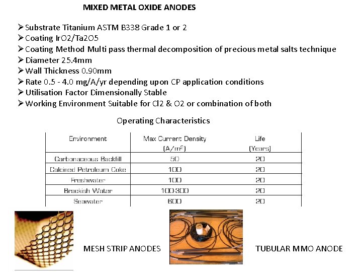 MIXED METAL OXIDE ANODES ØSubstrate Titanium ASTM B 338 Grade 1 or 2 ØCoating