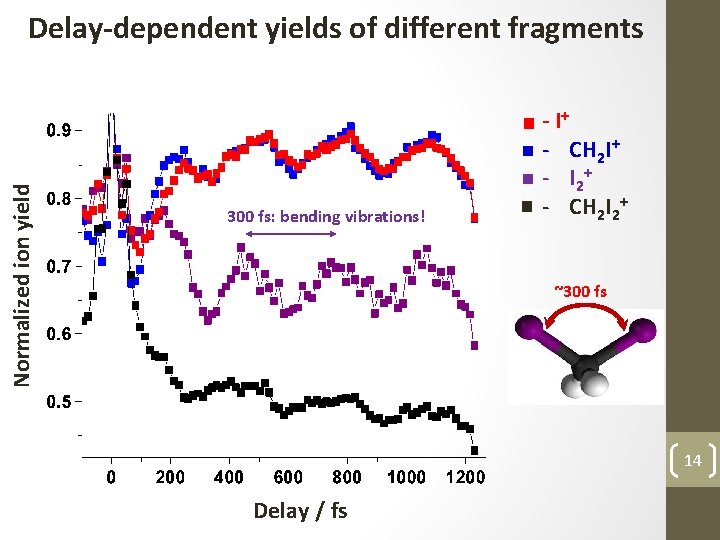 Normalized ion yield Delay-dependent yields of different fragments 300 fs: bending vibrations! - I+