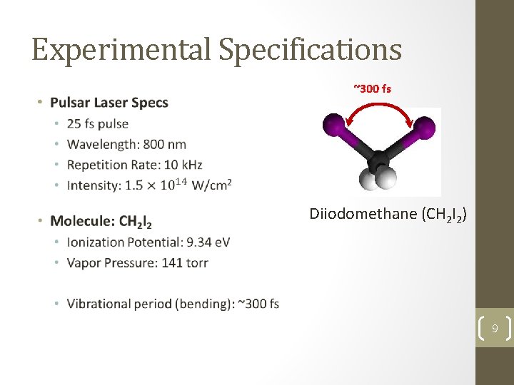 Experimental Specifications • ~300 fs Diiodomethane (CH 2 I 2) 9 