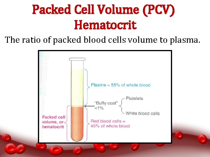 Packed Cell Volume (PCV) Hematocrit The ratio of packed blood cells volume to plasma.