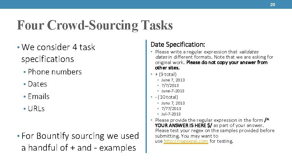 20 Four Crowd-Sourcing Tasks • We consider 4 task specifications • Phone numbers •