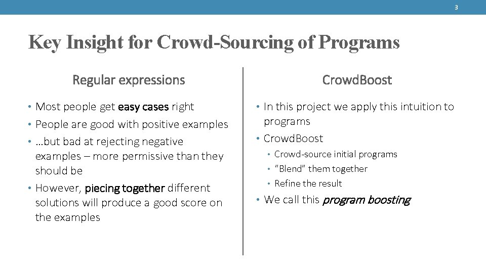 3 Key Insight for Crowd-Sourcing of Programs Regular expressions • Most people get easy