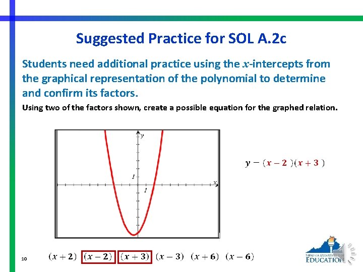 Suggested Practice for SOL A. 2 c Students need additional practice using the x-intercepts