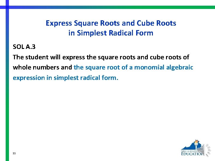 Express Square Roots and Cube Roots in Simplest Radical Form SOL A. 3 The