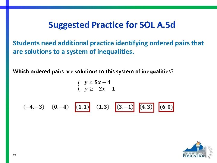Suggested Practice for SOL A. 5 d Students need additional practice identifying ordered pairs