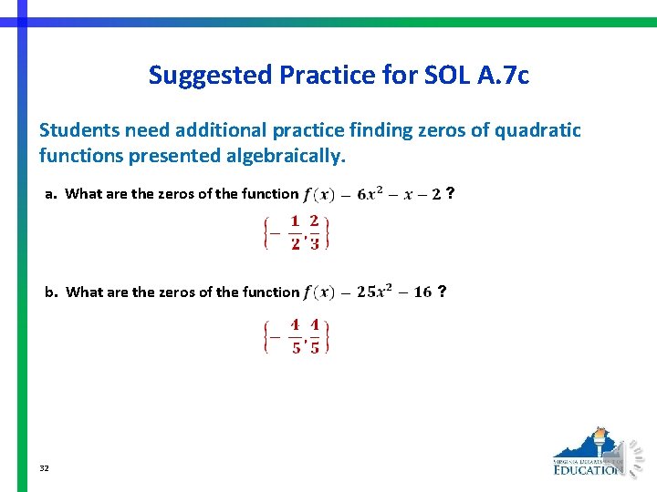 Suggested Practice for SOL A. 7 c Students need additional practice finding zeros of