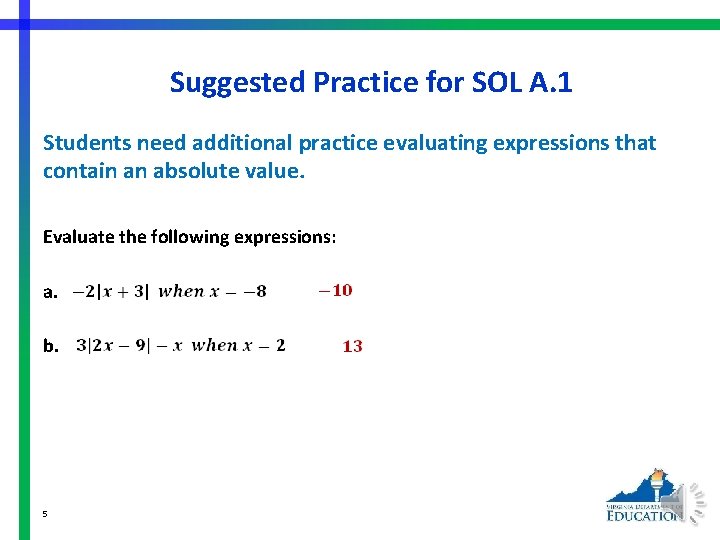 Suggested Practice for SOL A. 1 Students need additional practice evaluating expressions that contain