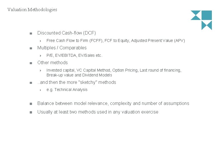 Valuation Methodologies Discounted Cash-flow (DCF) Free Cash Flow to Firm (FCFF), FCF to Equity,