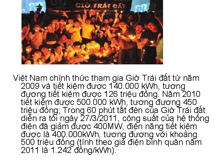 Việt Nam chính thức tham gia Giờ Trái đất từ năm 2009 và tiết