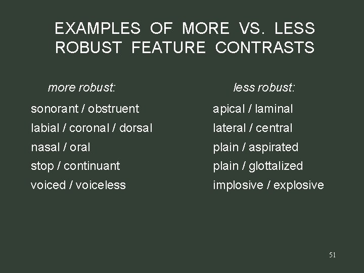 EXAMPLES OF MORE VS. LESS ROBUST FEATURE CONTRASTS more robust: less robust: sonorant /