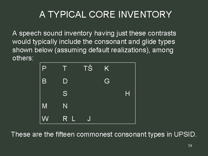 A TYPICAL CORE INVENTORY A speech sound inventory having just these contrasts would typically