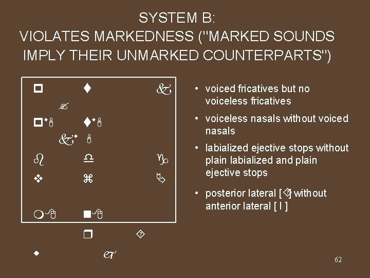 SYSTEM B: VIOLATES MARKEDNESS ("MARKED SOUNDS IMPLY THEIR UNMARKED COUNTERPARTS") p t ? pw'