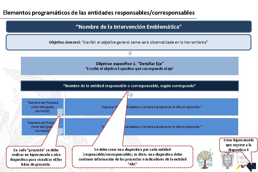 Elementos programáticos de las entidades responsables/corresponsables “Nombre de la Intervención Emblemática” Objetivo General: “Escribir