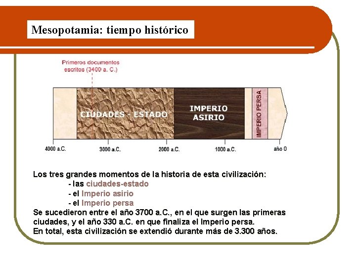 Mesopotamia: tiempo histórico Observa en el eje cronológico la localización temporal de la civilización