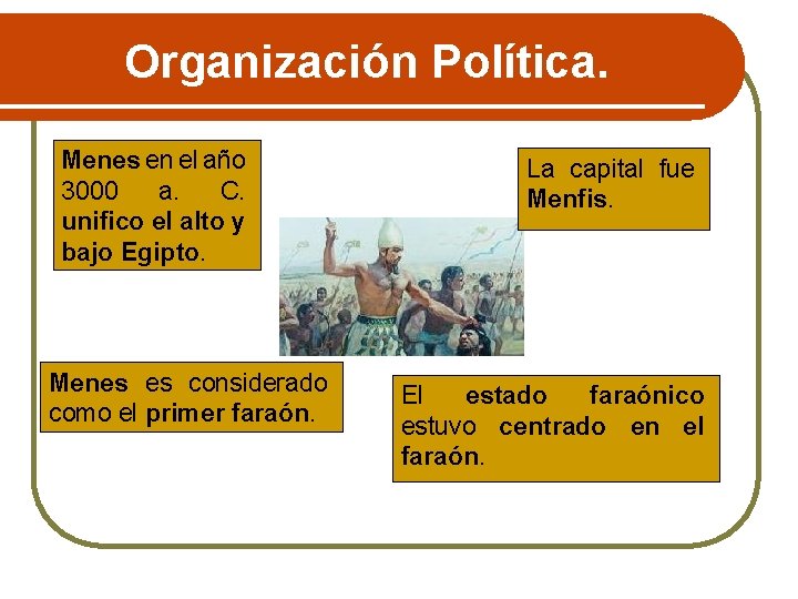 Organización Política. Menes en el año 3000 a. C. unifico el alto y bajo