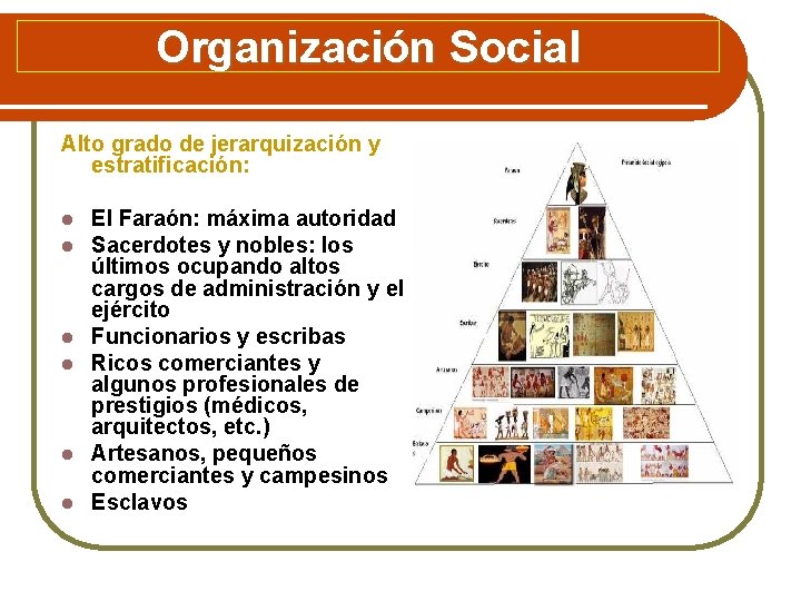 Organización Social Alto grado de jerarquización y estratificación: l l l El Faraón: máxima