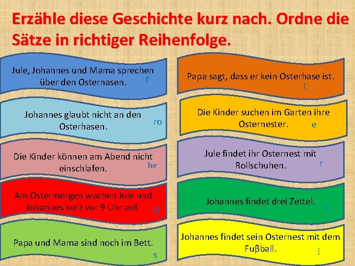 Erzähle diese Geschichte kurz nach. Ordne die Sätze in richtiger Reihenfolge. Jule, Johannes und