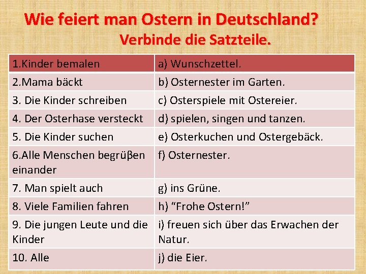 Wie feiert man Ostern in Deutschland? Verbinde die Satzteile. 1. Kinder bemalen 2. Mama