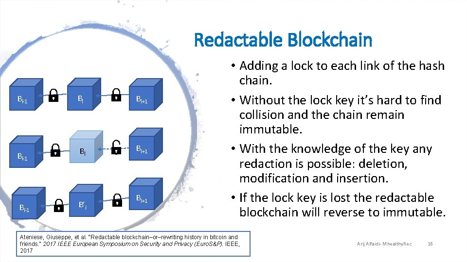 Redactable Blockchain Bi-1 Bi Bi+1 B’i Bi+1 • Adding a lock to each link