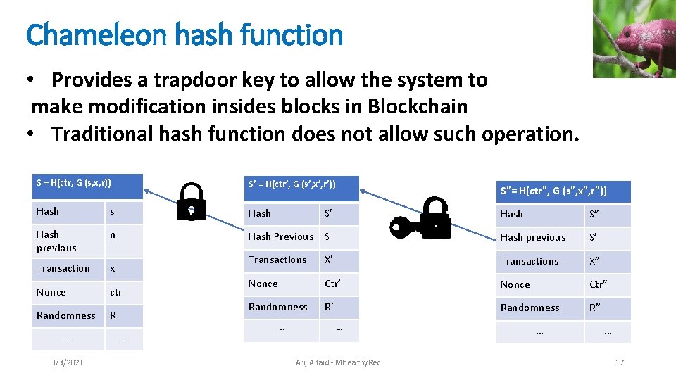 Chameleon hash function • Provides a trapdoor key to allow the system to make