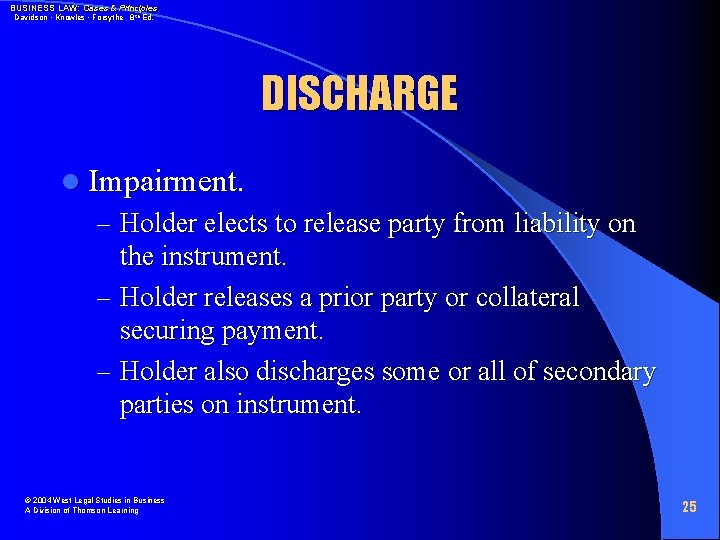 BUSINESS LAW: Cases & Principles Davidson • Knowles • Forsythe 8 th Ed. DISCHARGE