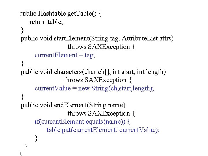 public Hashtable get. Table() { return table; } public void start. Element(String tag, Attribute.