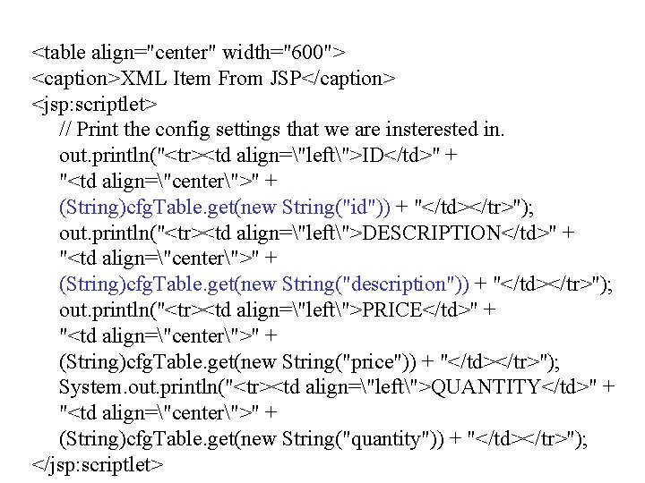 <table align="center" width="600"> <caption>XML Item From JSP</caption> <jsp: scriptlet> // Print the config settings