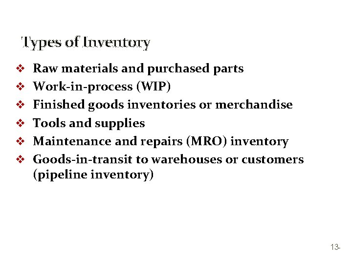 Types of Inventory v Raw materials and purchased parts v Work-in-process (WIP) v Finished