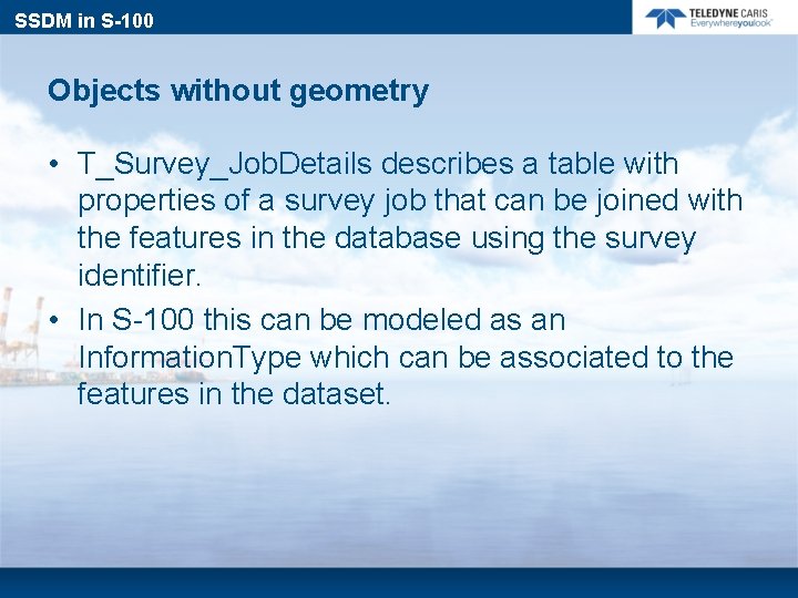 SSDM in S-100 Objects without geometry • T_Survey_Job. Details describes a table with properties