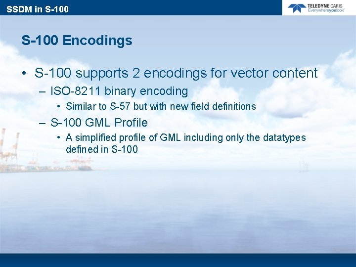SSDM in S-100 Encodings • S-100 supports 2 encodings for vector content – ISO-8211