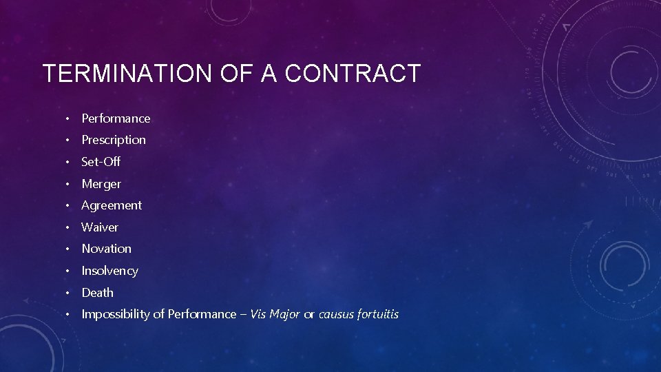 TERMINATION OF A CONTRACT • Performance • Prescription • Set-Off • Merger • Agreement