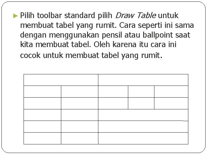 toolbar standard pilih Draw Table untuk membuat tabel yang rumit. Cara seperti ini sama