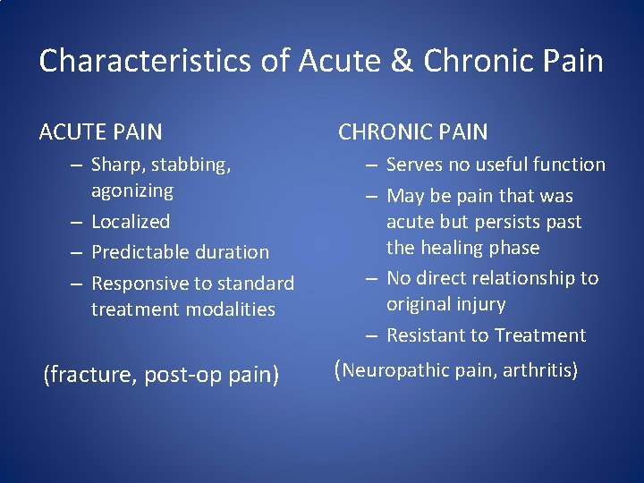 Characteristics of Acute & Chronic Pain ACUTE PAIN – Sharp, stabbing, agonizing – Localized