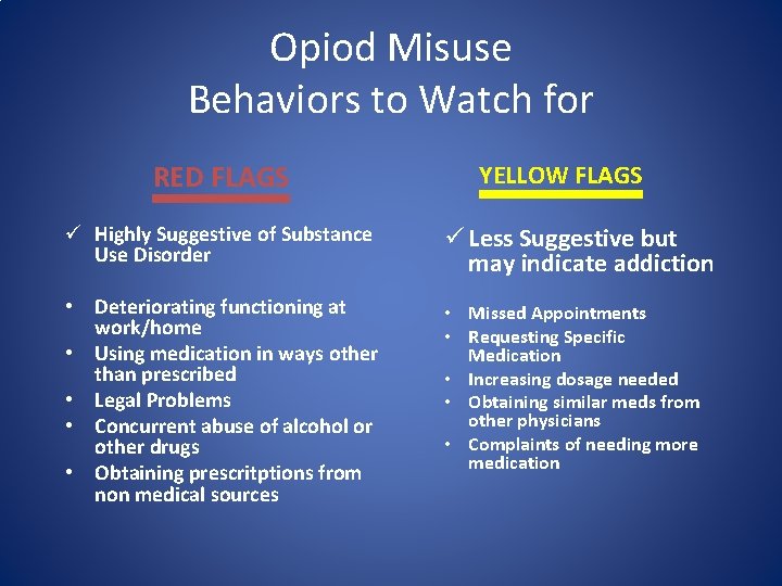 Opiod Misuse Behaviors to Watch for RED FLAGS YELLOW FLAGS ü Highly Suggestive of
