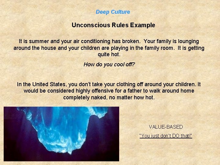 Deep Culture Unconscious Rules Example It is summer and your air conditioning has broken.