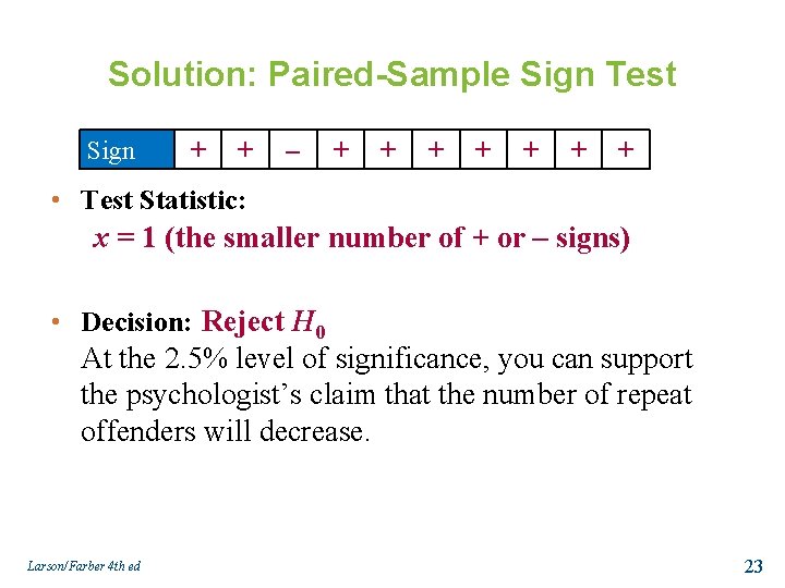 Solution: Paired-Sample Sign Test Sign + + – + + + + • Test