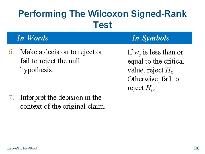 Performing The Wilcoxon Signed-Rank Test In Words 6. Make a decision to reject or