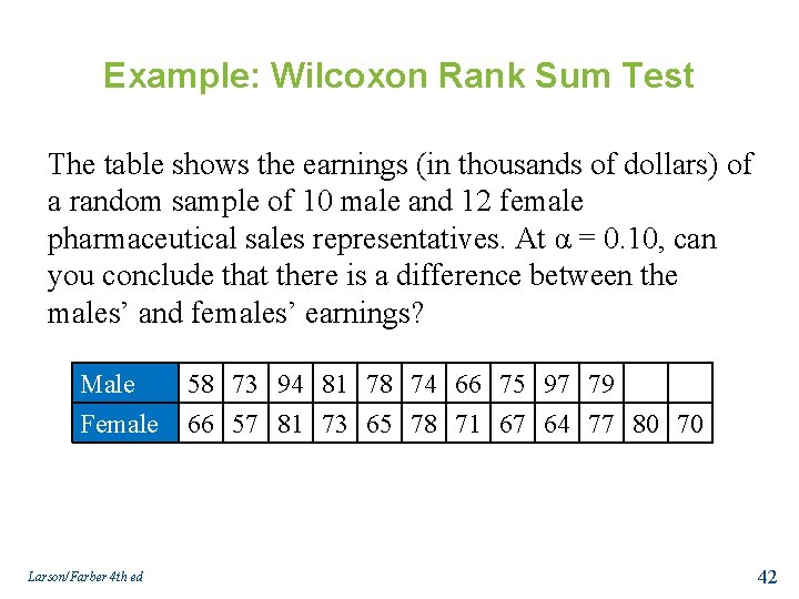 Example: Wilcoxon Rank Sum Test The table shows the earnings (in thousands of dollars)