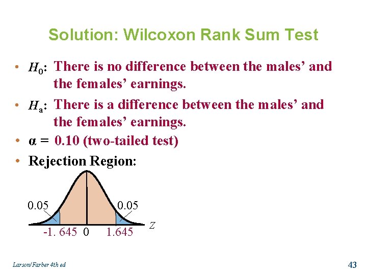 Solution: Wilcoxon Rank Sum Test • H 0: There is no difference between the