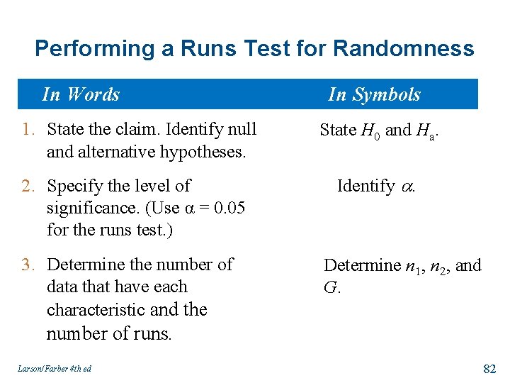 Performing a Runs Test for Randomness In Words In Symbols 1. State the claim.